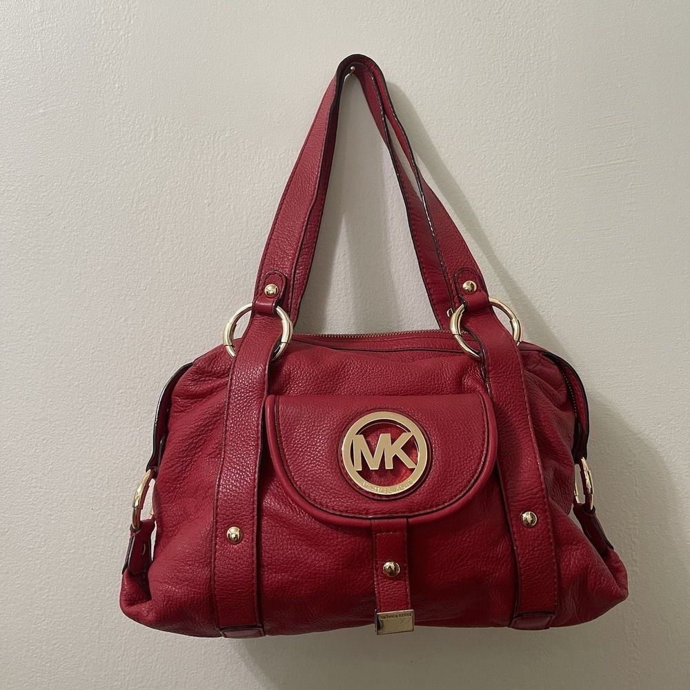 Michael Kors Red Pebbled Leather Shoulder Bag Gold Hardware Large Satchel Purse